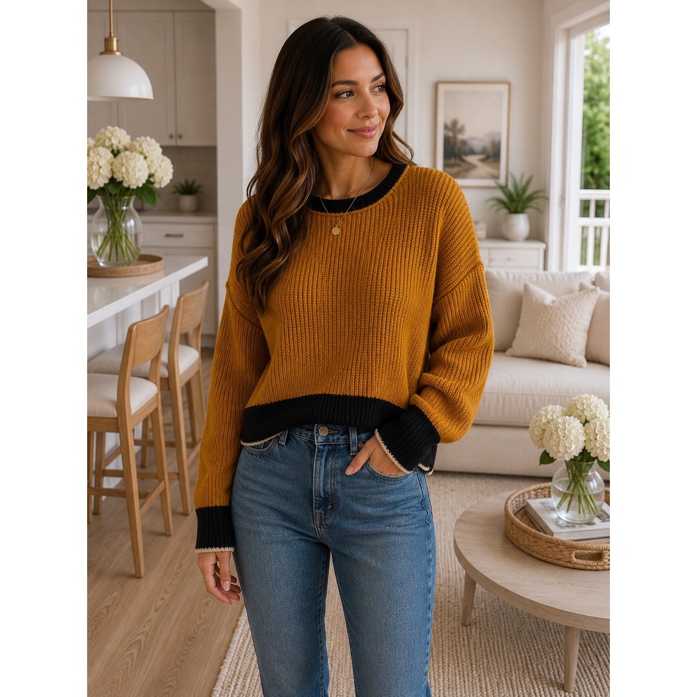 Skies Are Blue Women Mustard Yellow Black Colorblock Ribbed Knit Sweater Small